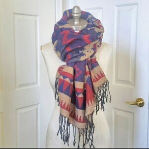 Southwest Blanket Scarf Burgundy Wine Navy Blue Tan Boho Aztec Western Rustic